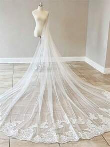歐美風新娘亮片蕾絲長款奢華婚紗禮服，百搭拖尾披肩 - 白色 - 查看 2