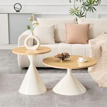 Sanduhr Series 2-Piece Coffee Table Set With Distinctive Conical Shape, Melamine Tabletop In Wood Look + Cream-Colored Metal Base, Space-Saving Stackable Design, Ideal For Living Room, Bedroom & Office - Natural Color - View 9