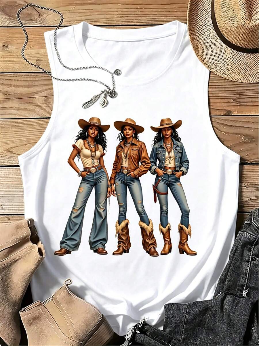 Y2K Tops, Western Cowgirl Pattern Print Tank Top Casual Round Neck, Summer Sleeveless Top Unisex T-Shirts For Vacation Beach, Women's Sleevelss Tops - 白色 - 查看 1