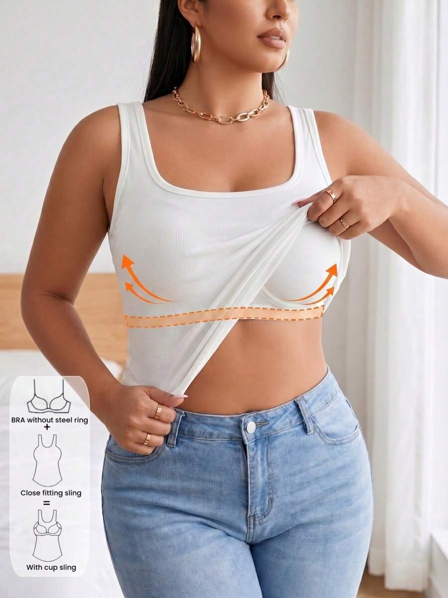 1 buah Atasan Wanita Ukuran Plus Kasual Nyaman Leher Bulat Bergaris Pas Badan, Atasan Tanpa Lengan dengan Cup Bra Terintegrasi Warna Putih Musim Panas - Putih - View 1