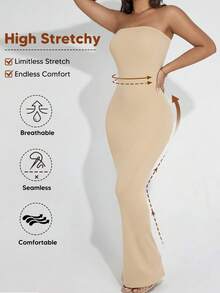 Gaun Pesta Panjang Tanpa Tali Bahu Warna Polos Elegan untuk Wanita, Model yang Mengencangkan Pinggang, Cocok untuk Musim Panas - Sampanye - View 4