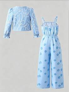 Young Girl Jacquard Textured Cardigan Jacket And Printed Floral Jumpsuit Set, Fashionable Casual Cute Elegant Spring Autumn Winter Outfit - Dusty Blue - View 3
