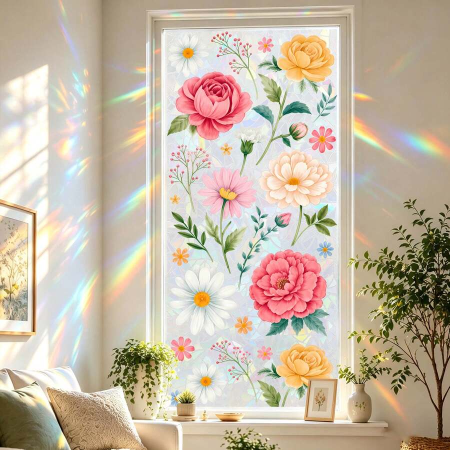 3D Rainbow Window Privacy Film, Colorful Plant & Floral Static Cling Glass Sticker, Removable Heat Insulation & Sunshade, Suitable For Kitchen, Living Room, Car Sunroof - Flower Glass Sticker - View 1