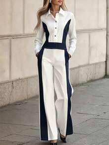 Women's Spring/Autumn Casual Elegant Contrast Color Lapel Long Sleeve Top And Contrast Color Long Pants 2 Pieces Set White - White - View 3