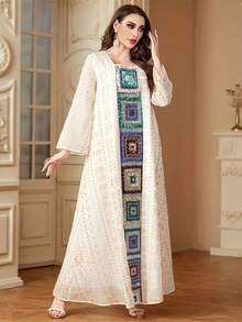 Geometric Sequin Patchwork Kaftan, Full Body Gold Embroidery Loose Elegant Muslim Long Dress White Fall - White - View 10
