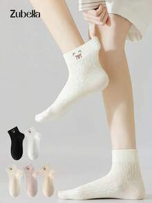 5 Pairs Women's Classic Solid Color Cartoon Short Socks Crew Socks, Soft Breathable Versatile Ankle Socks, Suitable For All Seasons Daily Wear - Multicolor - View 6
