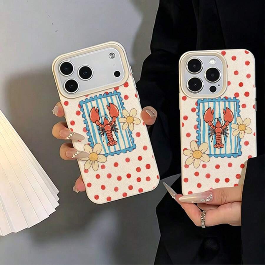 1pc TPU Material Retro Red Polka Dot Lobster & Daisy Pattern Phone Case Compatible With IPhone 17 Pro Max/17/16 Pro Max/15/13/12/11/ S20 FE/A15/S24/A55/ Note 11/Note 12/Note 13 Pro Full Coverage Anti-Drop Soft Shell Protective Cover - White - View 1