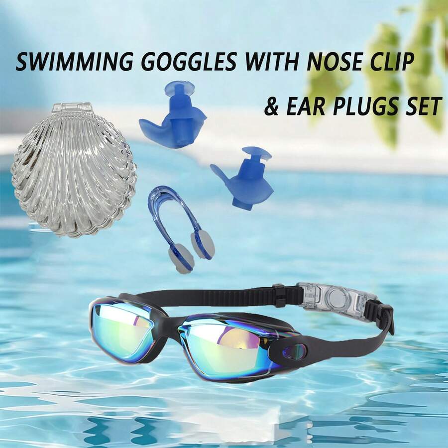 Professional Swimming Goggles Set With Silicone Nose Clip And Earplugs, Pool Universal, Goggles + Shell-Shaped Storage Box + Nose Clip + Earplugs Set - Multicolor - View 1