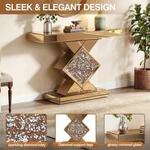 One Champagne Gold Mirrored Diamond Crushed Crystal Console Table, Light Luxury Modern Rectangular Decorative Hallway Table, Suitable For Entryway, Corridor, Living Room And Stairwell Decor - Champagne - View 5
