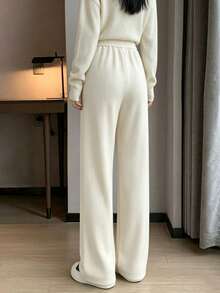Soft Corduroy Fleece Lined Pants, Cozy High Waist Winter Trousers - Light Beige - View 3