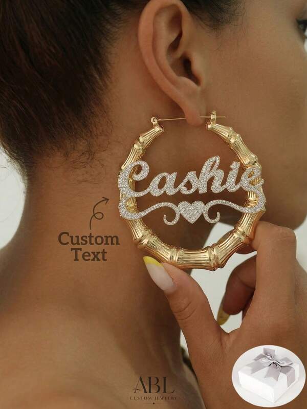 Pendientes de aro grandes retorcidos de bambú con strass personalizables, pendientes grandes personalizados con nombre en oro, joyas de moda únicas como regalo para mujeres, adecuados para madres y esposas