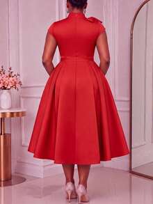 NOU Elegant Lady Style Bow Tie Small Stand Collar Cap Sleeve Short Sleeve A-Line Waist-Defining Mid-Length Dress For Women, Flattering Proportion, - Red - View 3