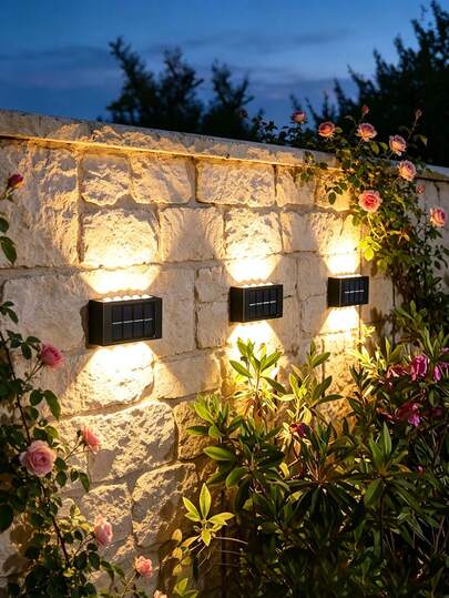 2pcs Mini Novel Outdoor Solar Wall Lights, 6LED Black Up & Down Lighting Wall Sconce, Outdoor, Garden, Yard, Street, Plaza Landscape Light (Warm White)