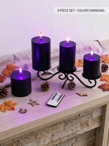 Velas de Halloween, Velas negras sin llama, Velas LED de pilar con control remoto y función de temporizador (Baterías no incluidas), Adecuadas para decoración de vacaciones, Regalo de vacaciones, Crear ambiente de Halloween (Juego de 3 piezas, Baterías no incluidas) - Luz morada negra - Ver 6