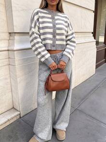 Women's Regular Casual Striped Drop-Shoulder Button-Down Long-Sleeved Business-Wear Wide-Leg Trousers Set Business Outfit Two Pieces Set, Fall Winter - Multicolor - View 1