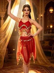2pcs Belly Dance Costume Set Sequin Coin Tassel Halter Top + Sequin Coin Tassel Skirt, Flamenco Outfit, Suitable For Halloween, Carnival, Holiday, Rave, Festival, Stage Performance, Birthday Party, Dinner, Nightclub, Night Wear, Performance Dress - Multicolor - View 3