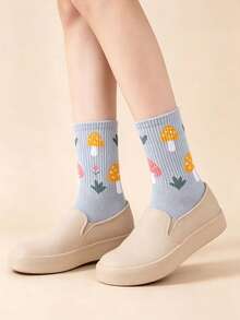1/2/3/4/5/6 Pairs Women's Mushroom Print Mid-Calf Socks Suitable For Daily Wear - Multicolor - View 7