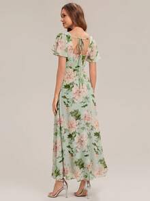 EVERPRETTY Elegant Chiffon Bridesmaid Dress Ruffle Sleeves Square Neck Flattering Dress Summer Fall Wedding Guest Dresses For Weeding Party,Beach Vacation - Green - View 3