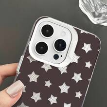 HANCAI 1pc White Frame Dark Brown Background Small Polka Dot White Five-Pointed Star Full Print Shockproof Phone Case, Minimalist Low Saturation Coffee Color Star Ins Niche Gentle Versatile Transparent Soft Shell, Compatible With IPhone17/17Pro/17ProMax/16/11/16Plus/16ProMax/16e/15ProMax/13/14/12/14ProMax/12ProMax/13ProMax/12Pro/13Pro/14Pro - White Frames, Matte White - View 5