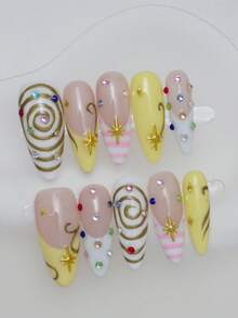 10pcs Handmade Oval False Nails, DIY Wearable Nails, Acrylic Long Nails, Pink Plaid Yellow French Tip, Spiral Nail Art, Rhinestone Decor, 3D Star, Suitable For Summer, DIY, Party, Vacation, Date, Women Girls Gift, Nail Art Supplies - Multicolor - View 5