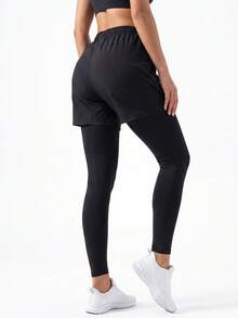 1pc Women's 2-In-1 Long Pants, Sports Outdoor Fitness Running, Workout, Running Training 2-In-1 Shorts Inner Long Pants Black - Black - View 2