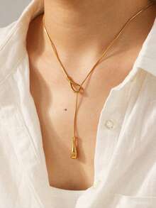 RAYQUEEN 1 buah Kalung Panjang Liontin Tetesan Air Stainless Steel dengan Rantai Sweater untuk Wanita, Cocok untuk Pemakaian Sehari-hari - Yellow Gold - View 5
