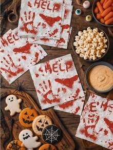 20pcs Halloween Bloody Handprint Napkins, Printed With Horror "HELP" Text, Halloween Disposable Party Napkins, Halloween Horror Theme Table Decor Party Napkins, Horror Party Supplies, Halloween Party Decoration - Multiple Styles - View 1