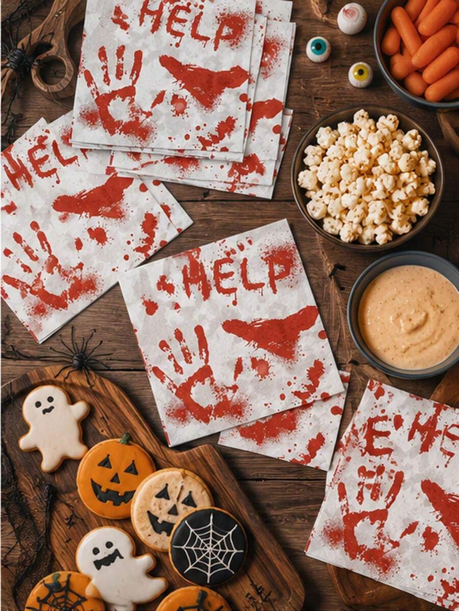 20pcs Halloween Bloody Handprint Napkins, Printed With Horror "HELP" Text, Halloween Disposable Party Napkins, Halloween Horror Theme Table Decor Party Napkins, Horror Party Supplies, Halloween Party Decoration - Multiple Styles - View 1