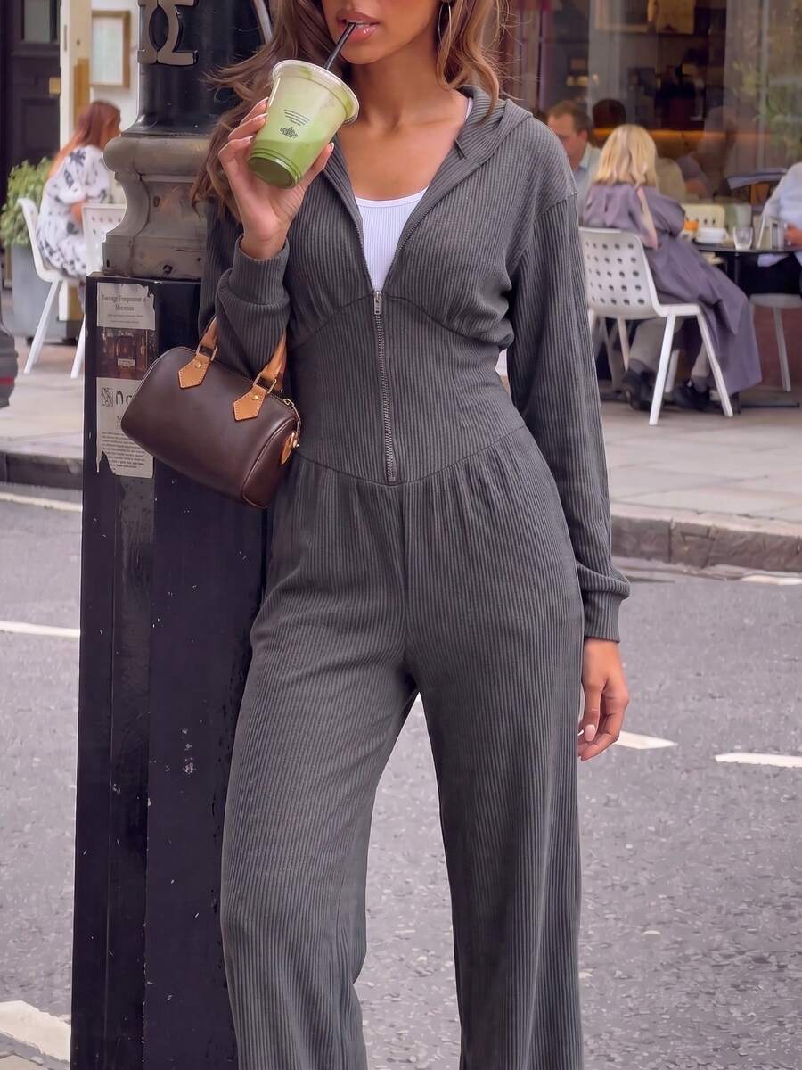 Women's Knitted Long Sleeve Wide Leg Jumpsuit - Grey - View 1