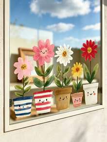 1pc Small Potted Plant Static Cling Window Sticker, Waterproof PVC Static Adhesion Glass, Green Plants & Flowers And Pots Double-Sided Print, Suitable For Coffee Shop Windows, Balcony Glass, Study Room Window Decoration, Bay Window Glass Beautification, Home Decor, Home Accessories, Back To School, Halloween, Christmas Gift Best Choice - Multiple Styles - View 1