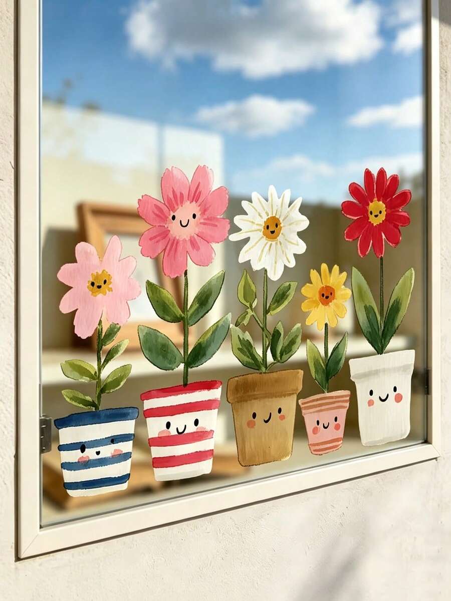 1pc Small Potted Plant Static Cling Window Sticker, Waterproof PVC Static Adhesion Glass, Green Plants & Flowers And Pots Double-Sided Print, Suitable For Coffee Shop Windows, Balcony Glass, Study Room Window Decoration, Bay Window Glass Beautification, Home Decor, Home Accessories, Back To School, Halloween, Christmas Gift Best Choice - Multiple Styles - View 1