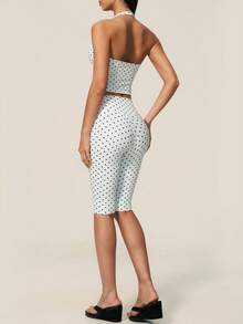 TimeOff Women's One Set Polka Dot Halter V-Neck Backless Tank Top & Bermuda Shorts Sports Set - White - View 3