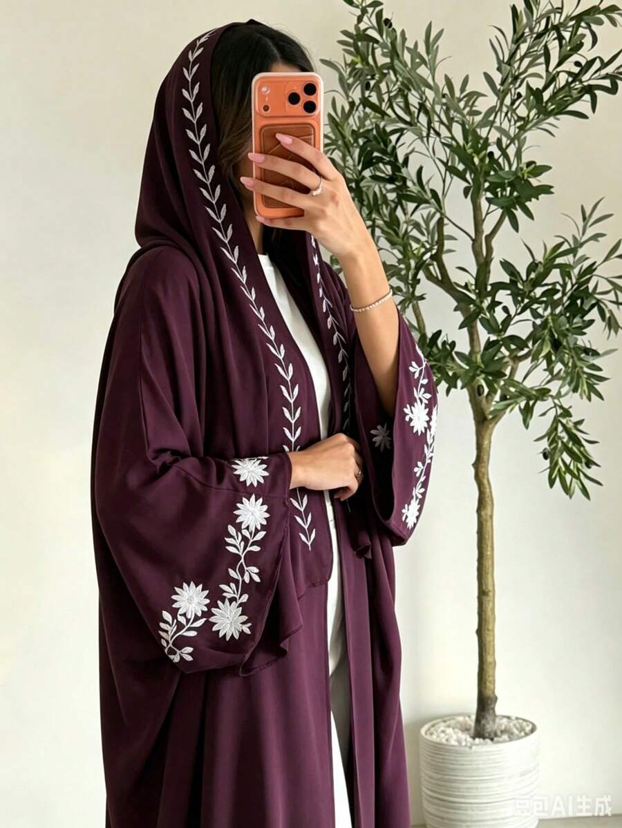 Abaya Depan Terbuka Bordir dengan Hijab Senada, Mantel Panjang Lengan Kelelawar yang Sopan, Bordir Bunga Elegan, Potongan Longgar, Pakaian Sehari-hari Wanita Muslim - MultiWarna - View 1