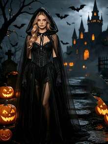 Halloween Cosplay Veil Witch Mesh Cape Grim Reaper Set With Hooded Vampire Cloak And Gloves - Multi-color - View 1