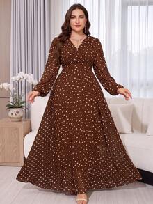 Women's Vintage Brown Polka Dot Dress, Overlap Collar, Bishop Sleeves, Flared Hem, Elegant Plus Size Soft Dress Vacation Summer - Coffee Brown - View 1