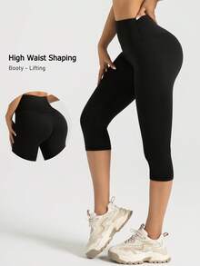 NcmRyu 1pc Women's Fashionable Elastic Capri Sports Pants - Black - View 7