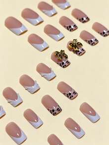 24pcs Rectangular French Leopard Print 3D Gold Butterfly Decor Sweet Cool Y2K Style Nail Art Sticker Set, Includes Jelly Glue And Nail File, Perfect For Women's Daily Wear, Afternoon Tea And Autumn/Winter Nail Art Nails - Multicolor - View 3