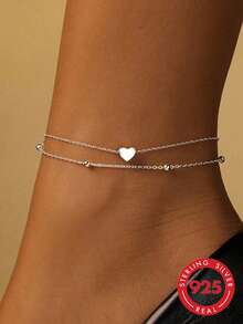 1pc S925 Sterling Silver Romantic Double-Layer Heart Anklet, Fashionable Minimalist Sweet Elegant Ins Style, Suitable For Daily, Casual, Party, Vacation, Subtle Matching, Valentine's Day Gift - Love - View 3
