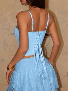 Elegant Lace Patchwork Strappy Camisole Tank Top With Tie Back And Open Back, Women's Shapewear For Wedding Season And Party Summer - Blue - View 2