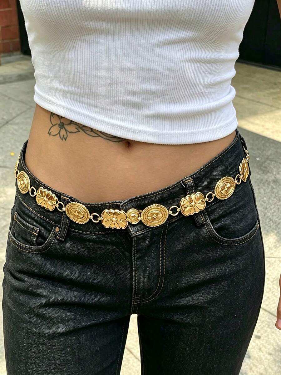1pc Fashionable Vintage Personalized Floral Pattern Round Disc Asymmetrical Square Pattern Round Disc Patchwork Circular Waist Chain Suitable For Women's Daily Wear, Vacation And Party - Gold - View 1