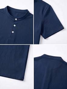 Camiseta casual de manga corta con cuello Henley para hombre, adecuada para uso diario y estilo casual de negocios - Azul Marino - Ver 8