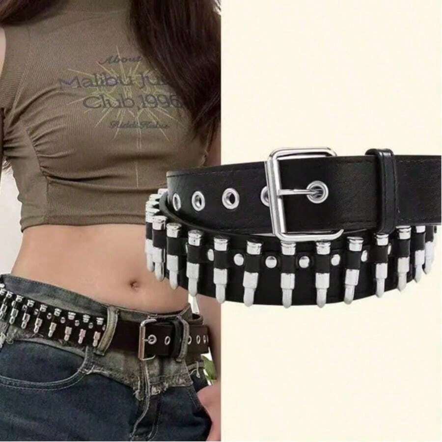 1pc Unisex Bullet Shape Punk Style Y2K Buckle PU Leather Belt - Silver - View 1
