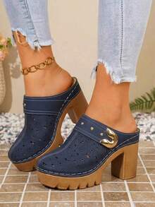 Women's Chunky Platform Heeled Sandals, Adjustable Buckle Ankle Strap T-Strap Cutout Lug Sole Sandals, Retro Casual Summer Shoes For Daily & Vacation - 636 Blue - View 6