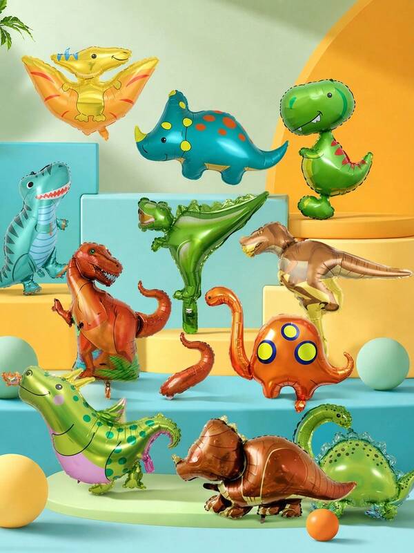 10 Peças Balões Metalizados Aleatórios de Mini Dinossauros, Incluindo Dinossauro Jade, Pterodáctilo, Braquiossauro, Tiranossauro Rex, Dinossauro Unicórnio, Dragão, Velociraptor, Triceratops, Decoração de Festa de Dinossauros do Tema Jurássico, Casamento, Aniversário, Decoração de Natal