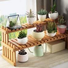 LIVINGANDHOME 2-Tier Tabletop Bamboo Plant Shelf, Desktop Flower Stand, Mini Potted Plant Rack, Succulent Display Holder, Countertop Plant Organizer, Natural Wood Adjustable Slatted Bamboo Rack With Anti-Slip Fence For Small Succulent Greenery Decor - Natural Wood Finish - View 2
