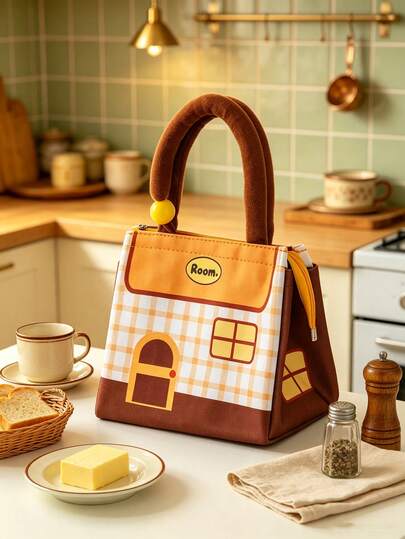 1pc/6pcs Back‑To‑Season Cute House‑Print Lunch Tote Bag, Soft Comfortable Hand‑Strap, Zipper Closure, Spacious Interior For Meals & Tableware, Lovely Color‑Matching Design, Ideal For Office, Picnic And Daily Outings