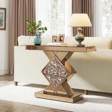 One Champagne Gold Mirrored Diamond Crushed Crystal Console Table, Light Luxury Modern Rectangular Decorative Hallway Table, Suitable For Entryway, Corridor, Living Room And Stairwell Decor - Champagne - View 1