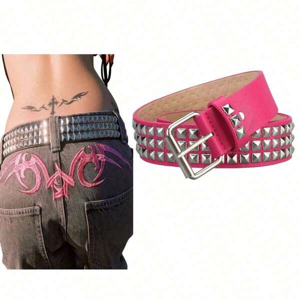 1pc Punk European & American Style Pyramid Cyber Y2K Subculture Gothic Square Bead Rivet Belt, Women's Multi-Functional Jeans Accessory, Men's, Suitable For Summer, Autumn, Halloween