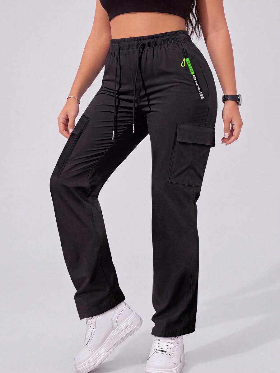 1pc Women's Outdoor Casual Sports Pants, Multi-Pocket Cargo Long Pants, Thin Casual Pants, Women's Straight Leg Cargo Pants, Zipper Pockets Black - Black - View 1