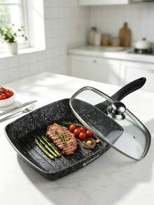 24CM Non-Stick Square Frying Pan Set, Granite Coated Skillet With Glass Lid, Multipurpose Cooking Pan,Non Stick Cooking Pan,Cookware Set,Suitable For Induction & Gas Hob, Kitchen Cookware For Steak, Pancakes & Daily Cooking - View 1